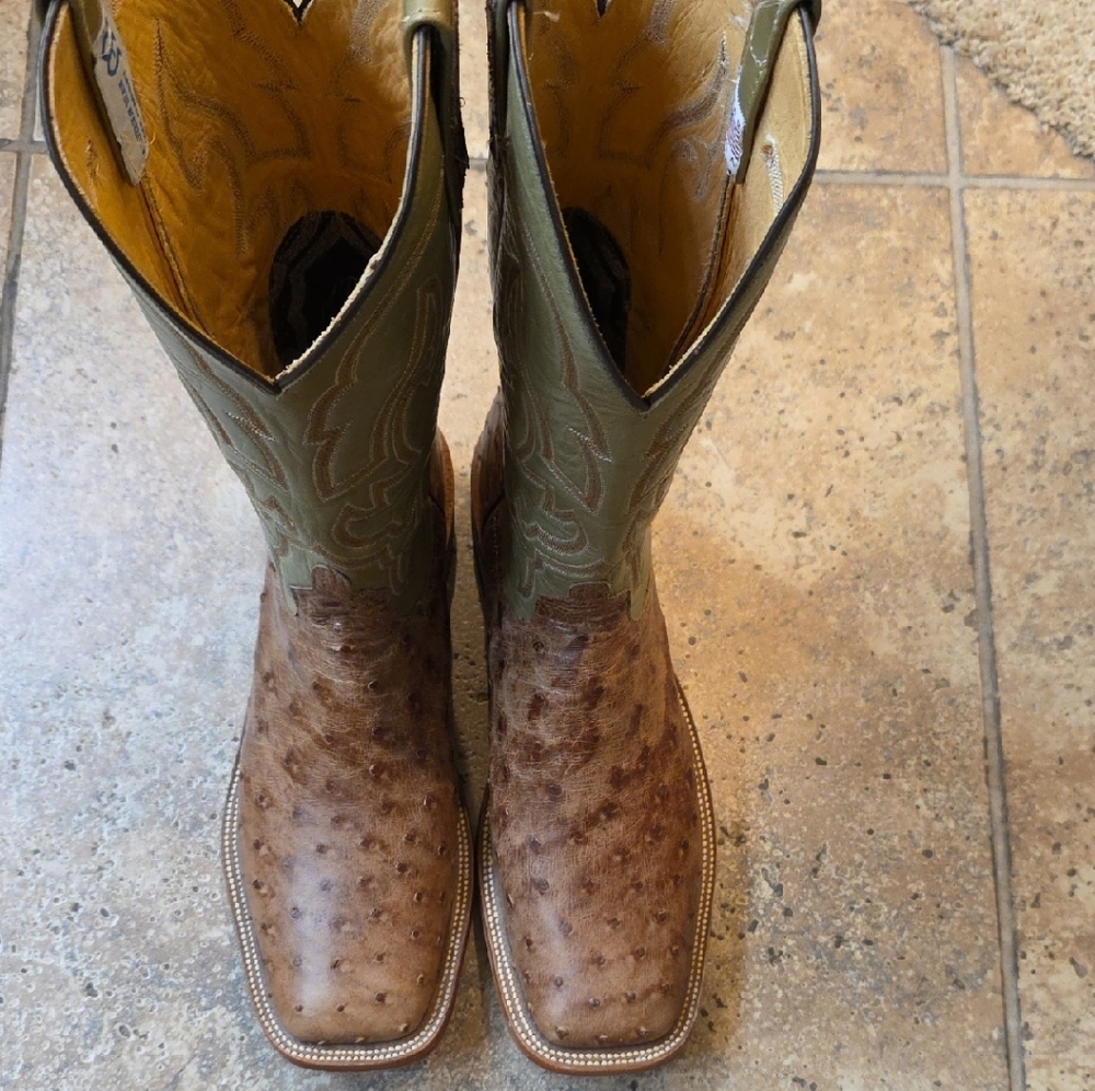 Anderson Bean Ostrich Leather Boots - Brown and Olive